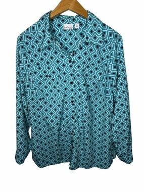 Kim Rogers Women 1X Teal Geometric Print Button Front Stretch Blouse Top